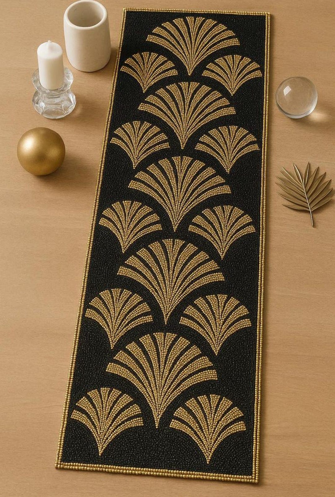 Handmade Beaded Table Runner | Black & Gold Art Deco Decor - Etsy