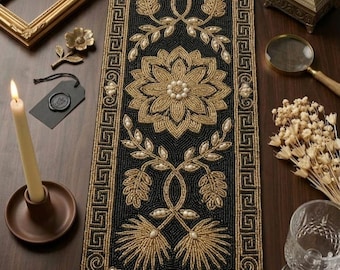 Handmade Beaded Table Runner – Black White Luxury for Home decor