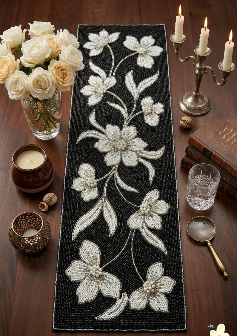 Handmade Beaded Table Runner, Black White Floral Design, Elegant Dining ...