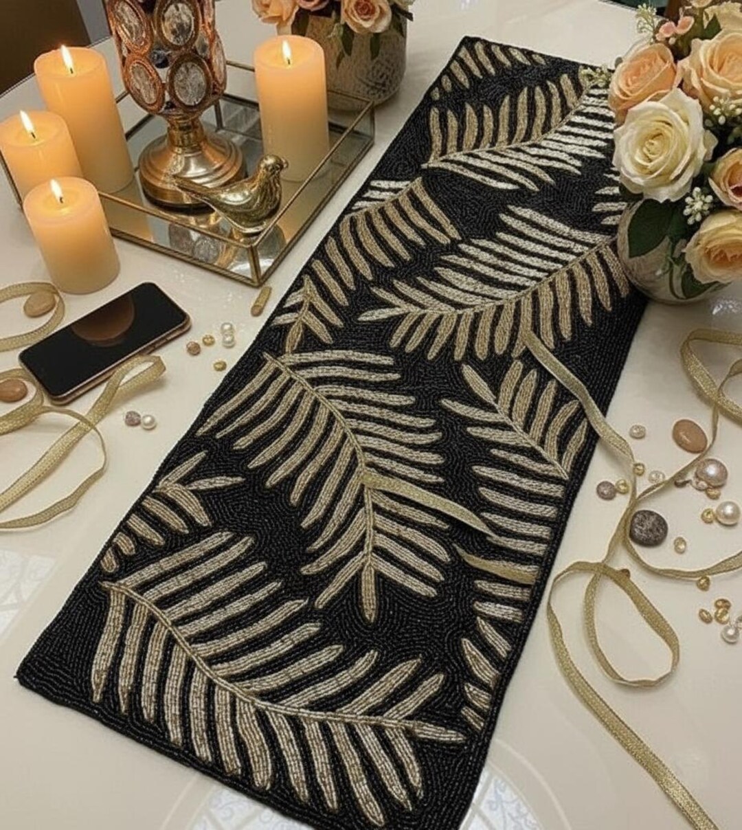Handmade Beaded Table Runner: Black & Gold Palm Leaf Decor - Etsy