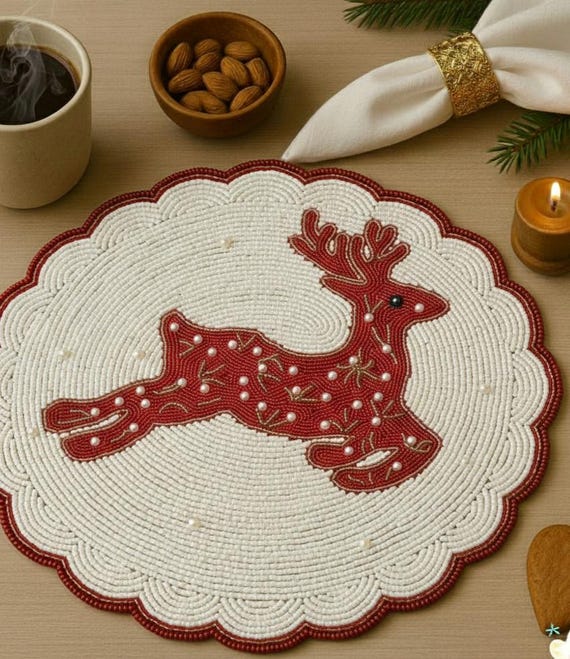 2er Set Perlen Weihnachts Tischsets | Tischdekoration in rot & weiss