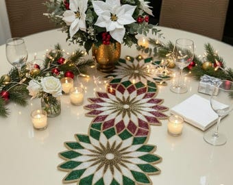 Handmade Beaded Christmas Table Runner, Luxury Holiday Decor (13x36)