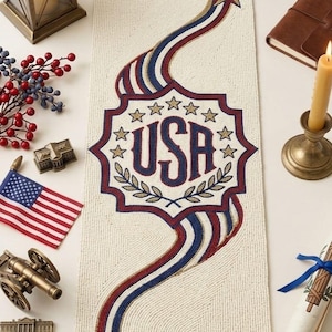 Camino de mesa con cuentas, decoración patriótica hecha a mano de EE. UU., camino de mesa con estrellas, 33 x 91 cm, rojo, blanco y azul, decoración americana para el hogar, regalo para las fiestas.