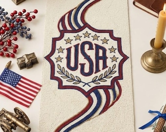 Bieżnik z koralikami, ręcznie robiony, patriotyczny, amerykański wystrój, bieżnik w kształcie gwiazdy, 13 x 36 cali, czerwono-biało-niebieski, wystrój domu w stylu amerykańskim, prezent na święta