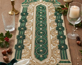 Handmade Beaded Table Runner | Emerald Green & Gold, Pearl Accents
