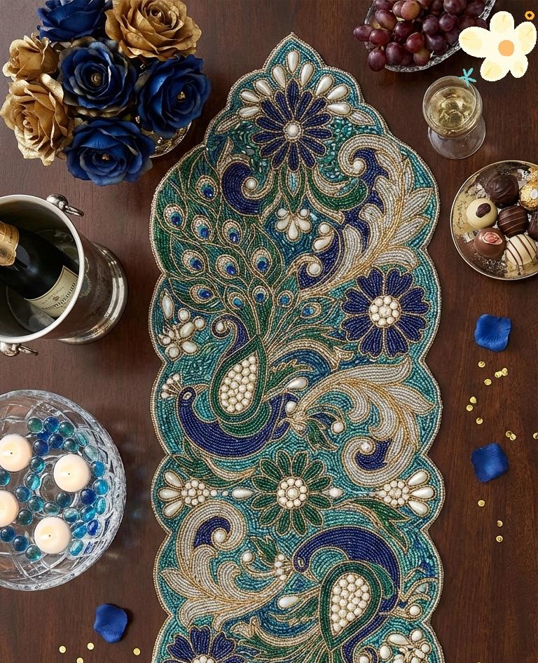 Handmade Beaded Peacock Table Runner 13x36 Inch | Luxury Blue Green ...