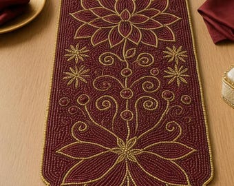 Handmade Beaded Table Runner, Elegant Floral Table Decor