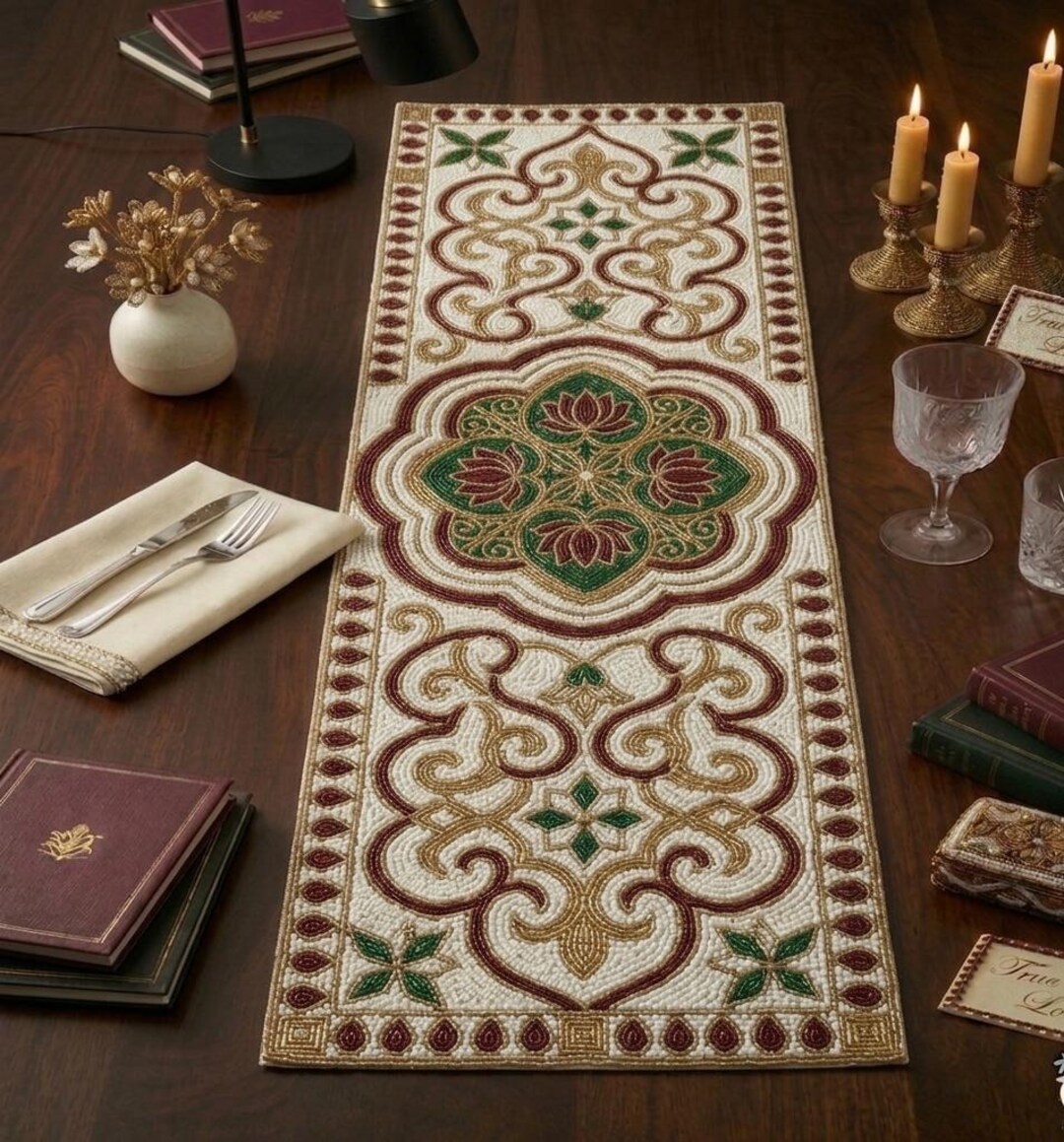 Handmade Beaded Table Runner 13x36 Inch, Luxury Floral Beaded Table ...