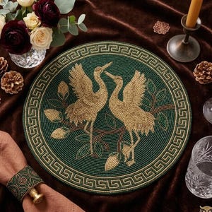 Pode incluir: Um sousplat redondo e com contas, em tons de verde e dourado, com duas garças voltadas uma para a outra. O sousplat tem uma borda de chave grega e é rodeado por elementos decorativos.