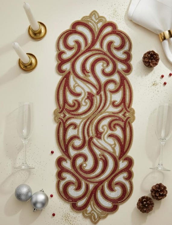 Handmade Embroidered Table Runner | Luxury Scroll Table Decor - Etsy