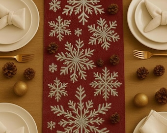 Handmade Beaded Snowflake Christmas Table Runner | Red Winter Decor