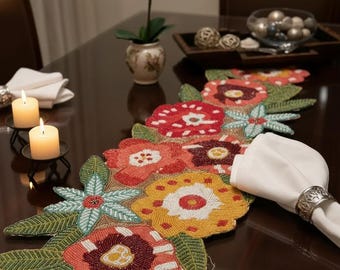 Ręcznie robiony bieżnik z koralikami i kwiatami, boho ozdoba stołu, luksusowa pościel stołowa, dekoracja ślubna, prezent dla niej