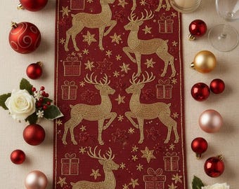 Handmade Beaded Table Runner | Maroon Reindeer Design, Holiday Decor