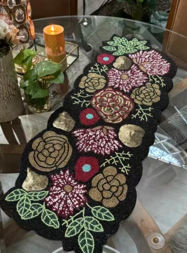Handmade Beaded Table Runner, Floral Tabletop Decor (13x36 Inches