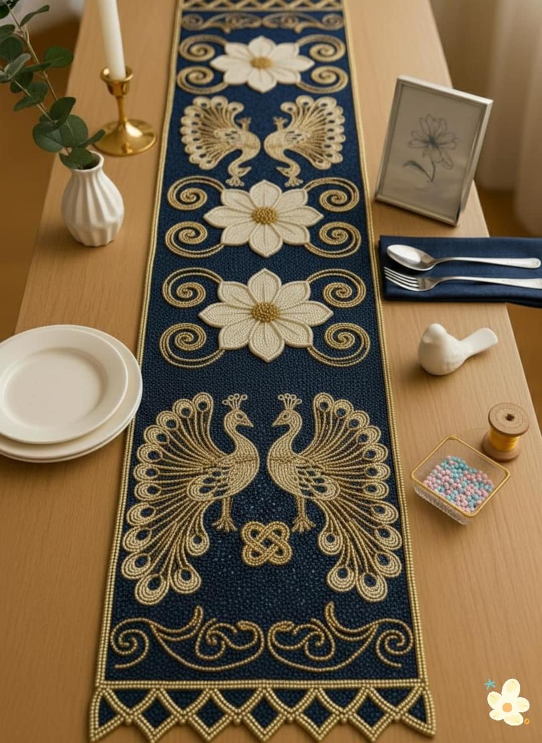 Handmade Beaded Peacock Table Runner | Navy Blue & Gold, 13x36
