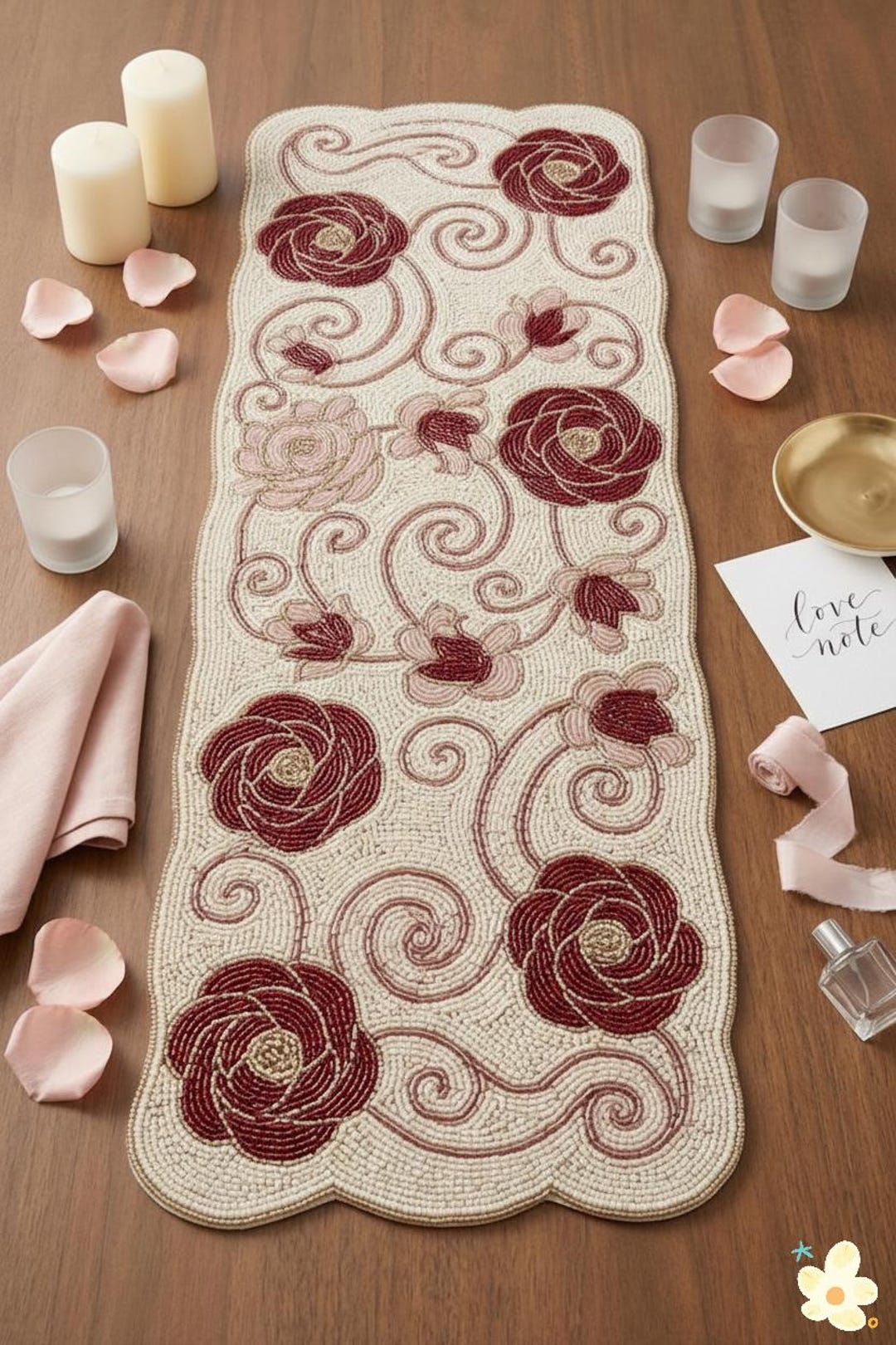 Handmade Beaded Floral Table Runner – Elegant Rose & Vine Design, 13x36 ...