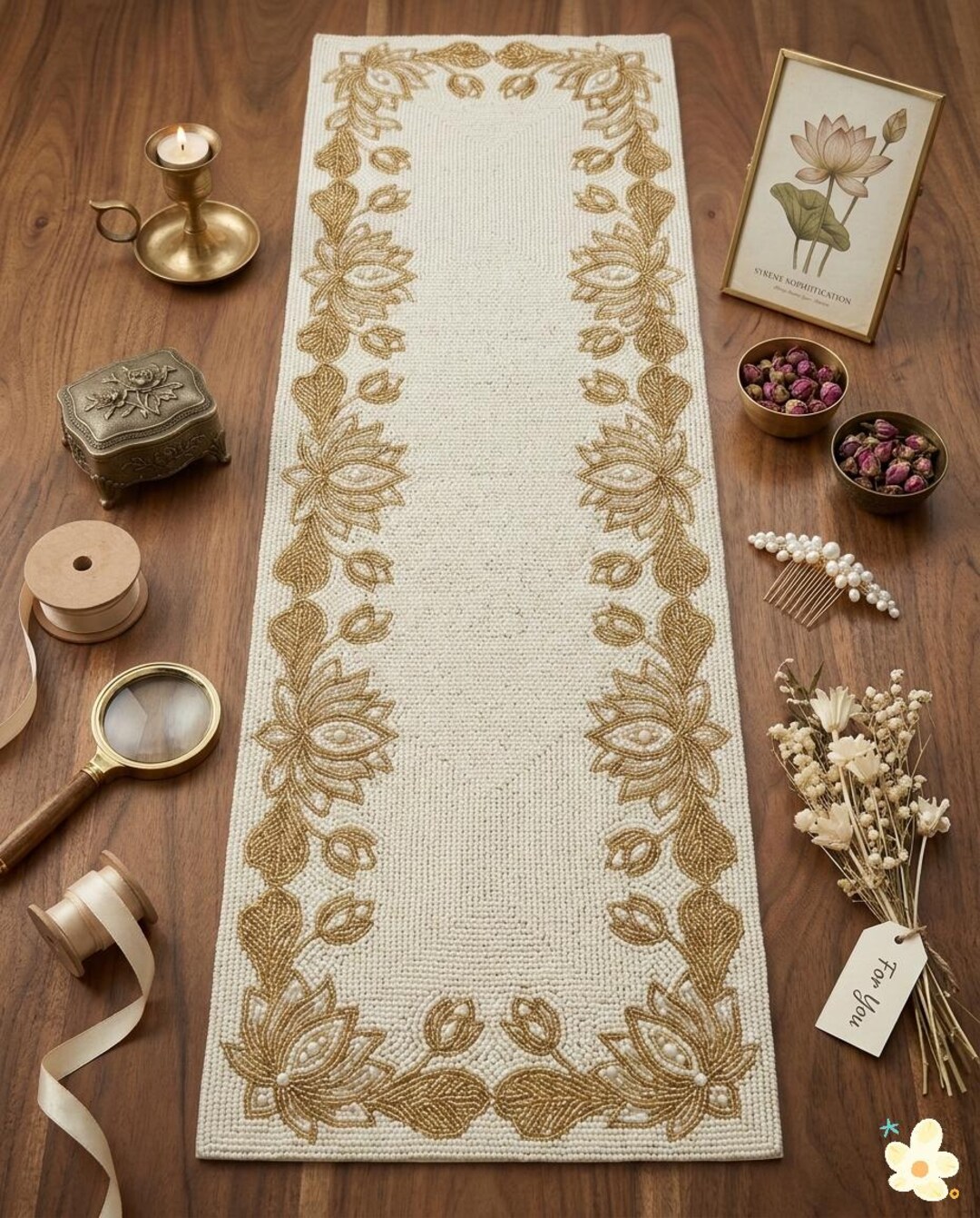 Handmade Cream Gold Floral Beaded Table Runner, Elegant Dining Table ...