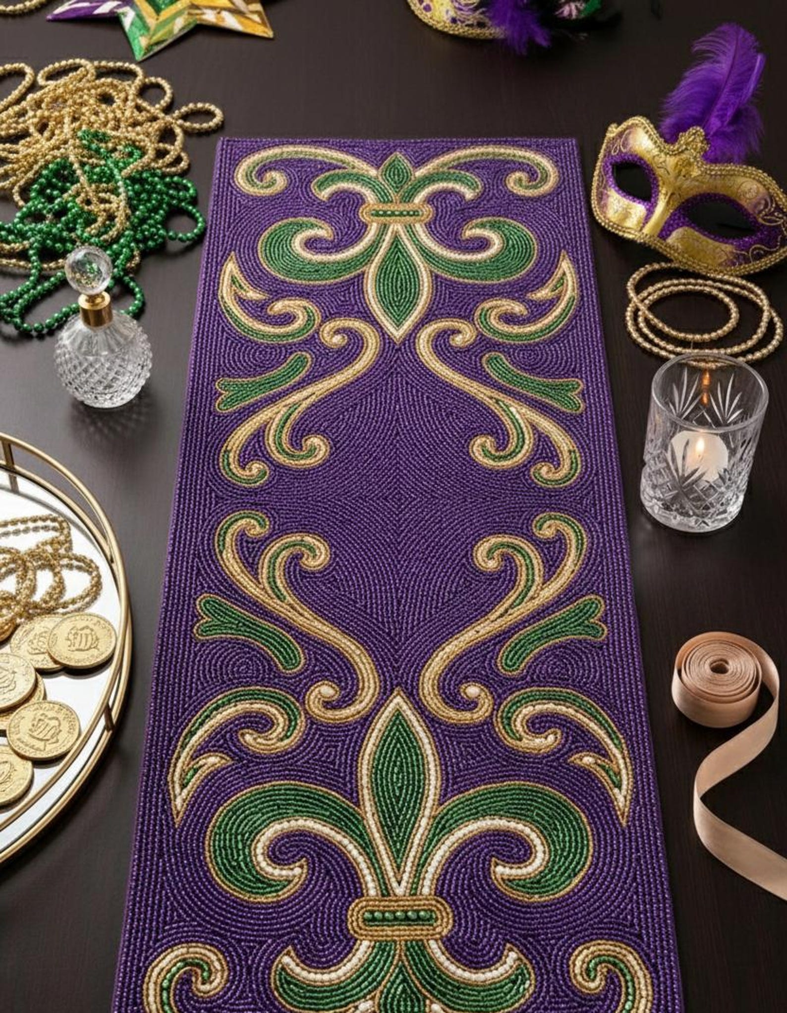 Handmade Beaded Fleur De Lis Table Runner, Purple Green Gold, Luxury
