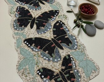 Handmade Beaded Butterfly Table Runner, Elegant Centerpiece (13x36 inches)