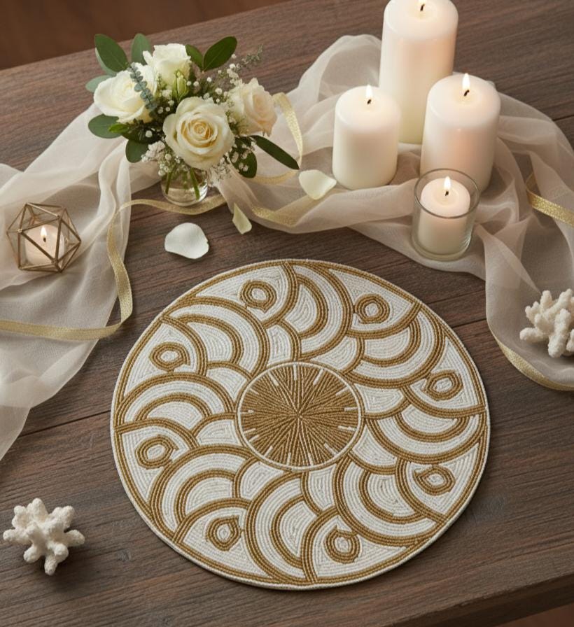 Handgemachte Perlen Tischset, Weiß & Gold Elegant Esstisch Dekor