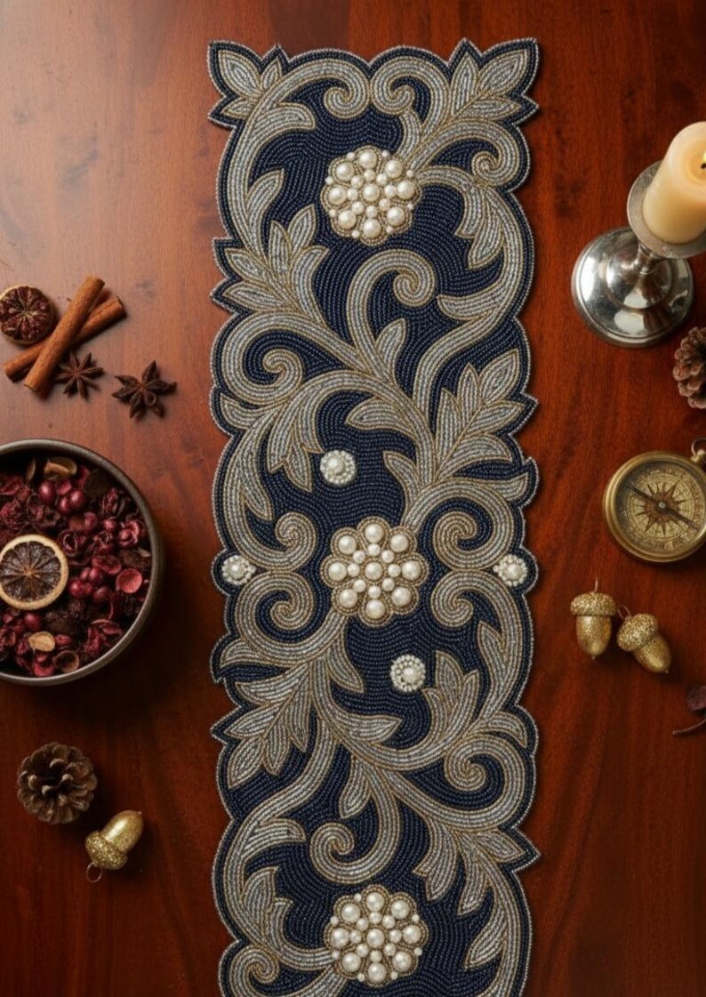 Handmade Art Deco Table Runner 13x36 Inch Elegant Black and Grey Beaded ...