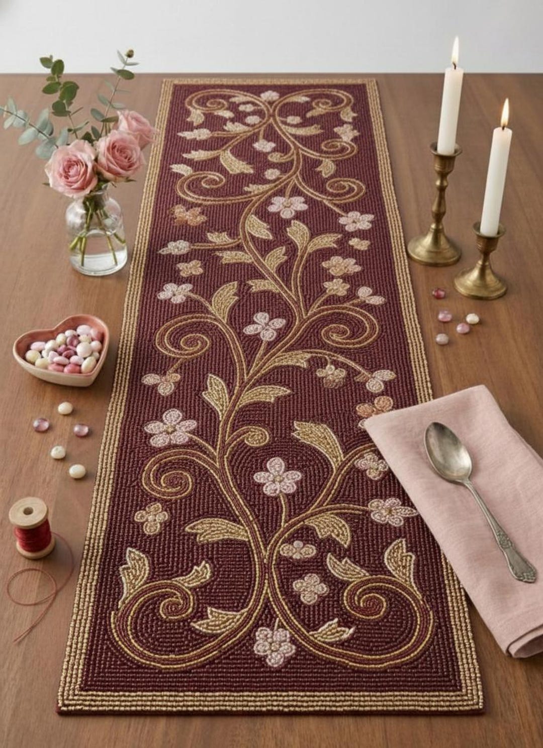 Handmade Beaded Table Runner, Burgundy & Gold Floral Vine, 13x36 Inch ...