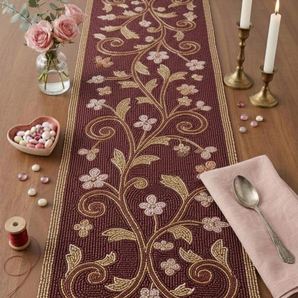 Handmade Beaded Table Runner, Burgundy & Gold Floral Vine, 13x36 inch