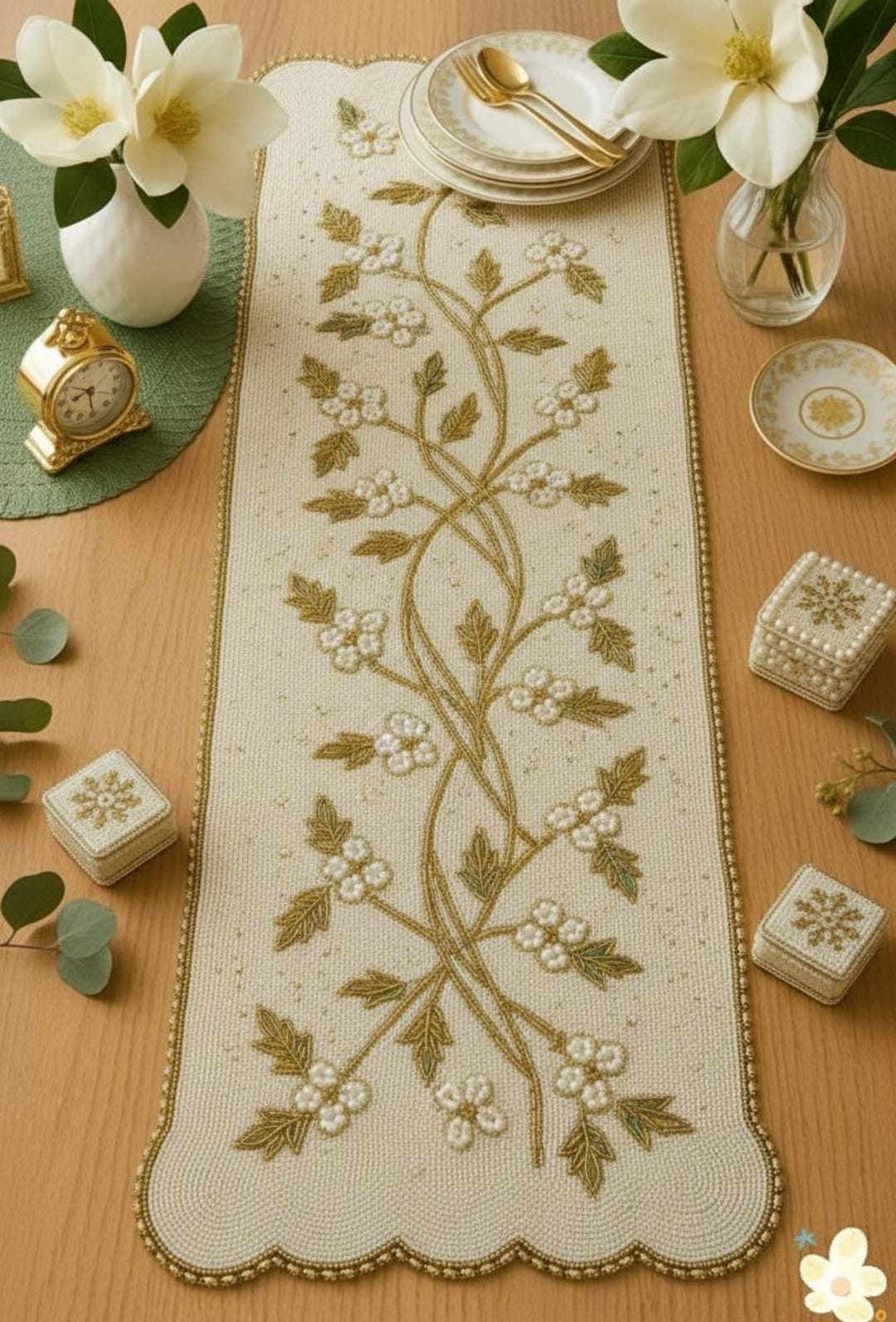 Handmade Beaded Floral Table Runner | Elegant Dining Linen, 13x36 ...