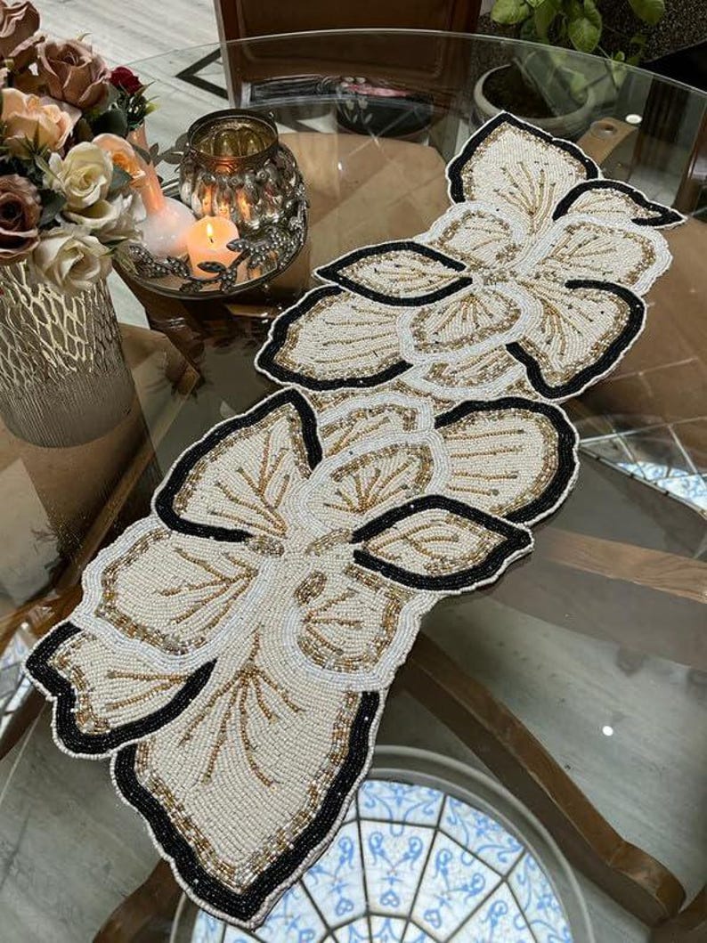 Elegant Floral Beaded Table Runner, Handcrafted Home Decor - Etsy