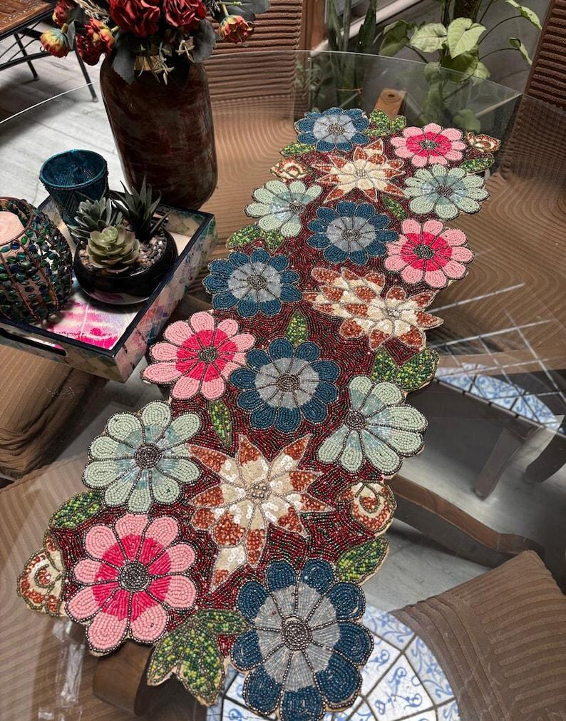 Handmade Beaded Floral Table Runner, Colorful Flower Decor (13x36 Inch ...