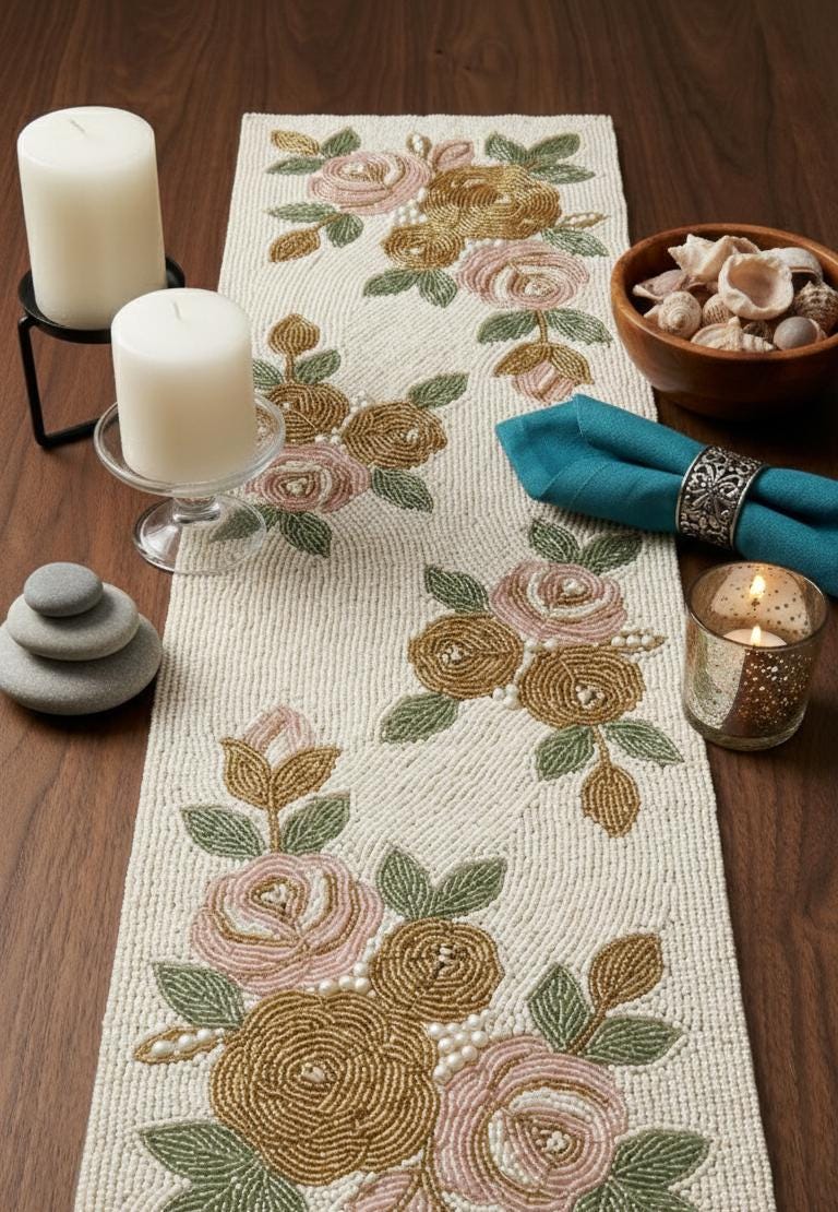 Handmade Beaded Table Runner, Floral Design, Anniversary Gift
