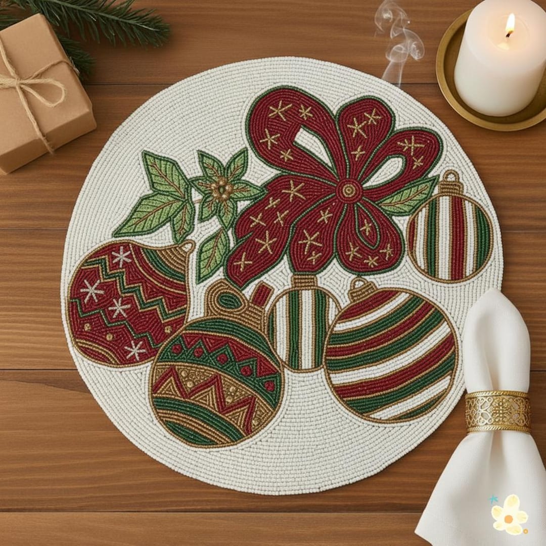 Set mit 2 Perlen Weihnachts-Tischsets, runden Feiertagstischdekorationen