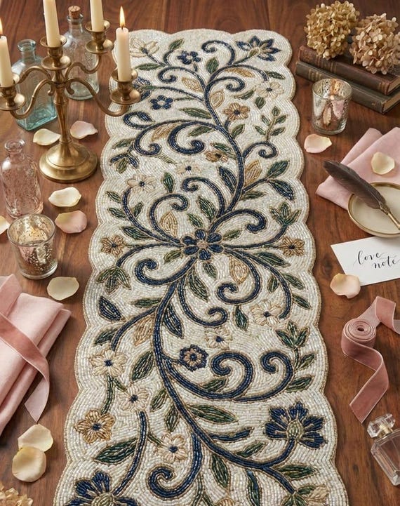 Handmade Beaded Table Runner, Floral Vine Design, 13x36 Inch - Etsy
