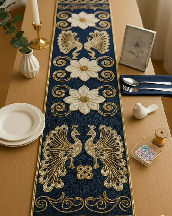 Handmade Beaded Peacock Table Runner | Navy Blue & Gold, 13x36