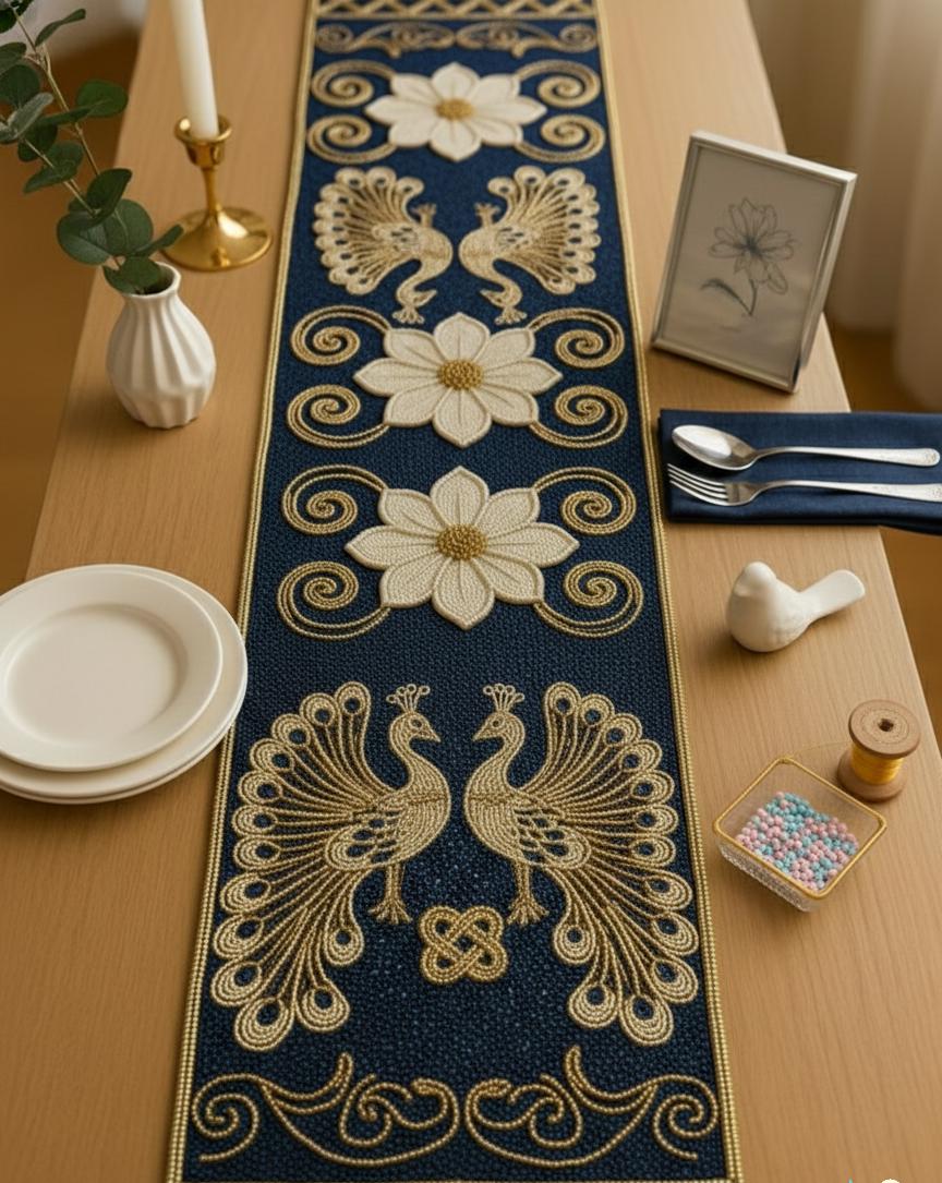 Handmade Beaded Peacock Table Runner | Navy Blue & Gold, 13x36