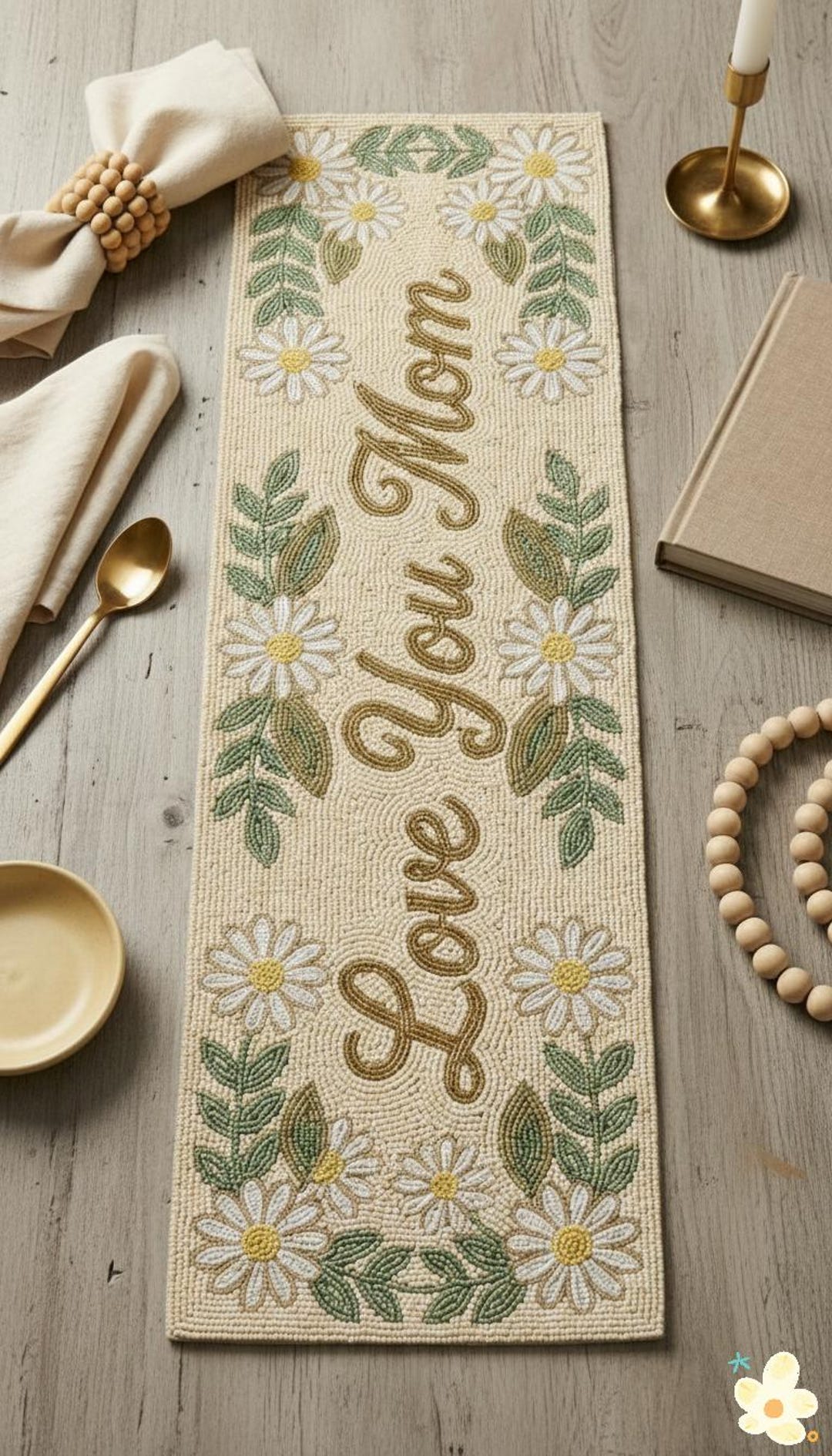 Handmade Beaded Table Runner, Love You Mom Floral Linen, 13x36 Inch - Etsy