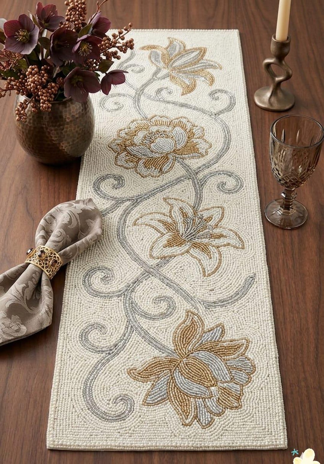 Handmade Beaded Table Runner – Floral Design, 13x36 - Etsy