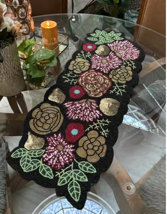 Handmade Beaded Table Runner, Floral Tabletop Decor (13x36 Inches
