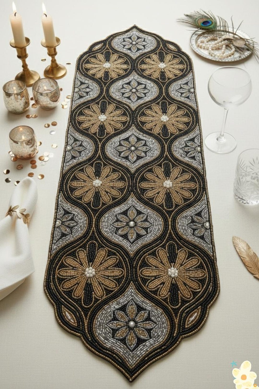 Handmade Beaded Table Runner | Black, Gold & Silver Floral Decor - Etsy