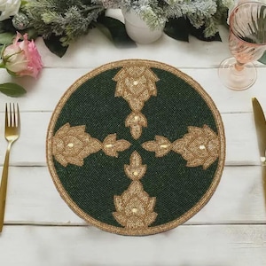 set of 2  handmade beaded placemat charger beaded table mat floral centrepiece gift for her gift for family embroidered dark green & golden