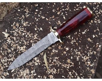 Cuchillo artesanal de acero de Damasco de 30 cm con mango de resina y madera, funda de cuero, cuchillo multiusos para exteriores, regalo para él.