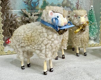 Vintage German Putz Wool Sheep Ornament: Wood Lamb With Satin Bow