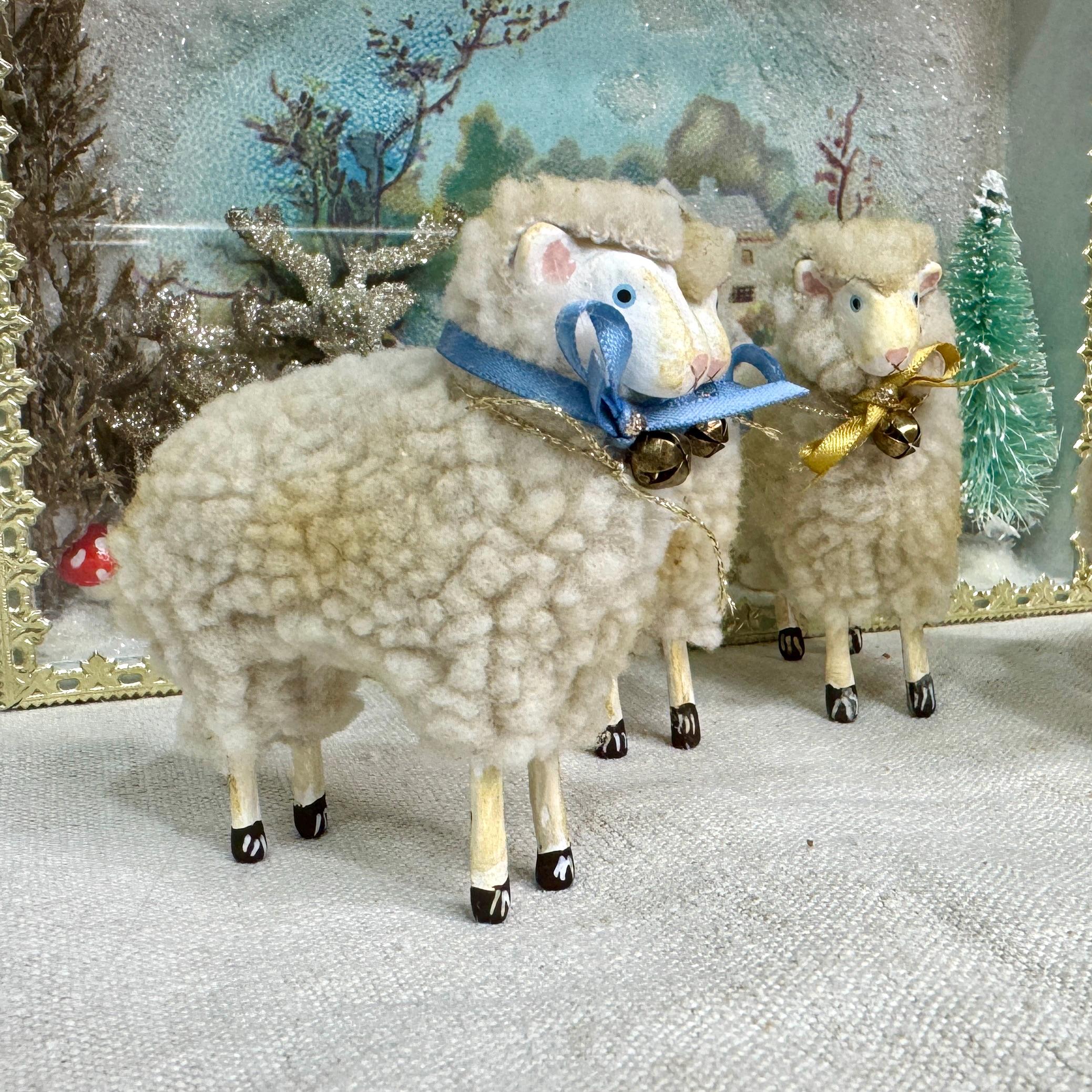 Vintage German Putz Wool Sheep Ornament: Wood Lamb With Satin Bow