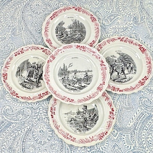 Antique French Transferware Dessert Plates: 1800s Terre de Fer, Set of 12