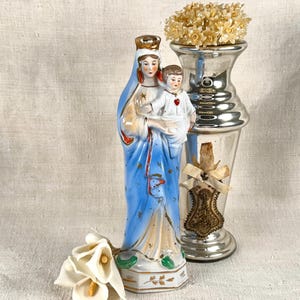 Vintage German Virgin Mary And Jesus Child Statue With Sacred Heart, Religious Figurine, Hand-Painted Ceramic Bisque, Madona Religious Art