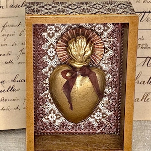 Sacred Heart Ex Voto In Shadow Box I Beeswax Molded 1800 Antique French Religious Sacred Heart I Vintage Religious Art I Flaming Heart Jesus