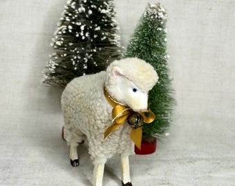 Handmade Sheep Lamb With Bell, Vintage Style Spring Decor, Putz