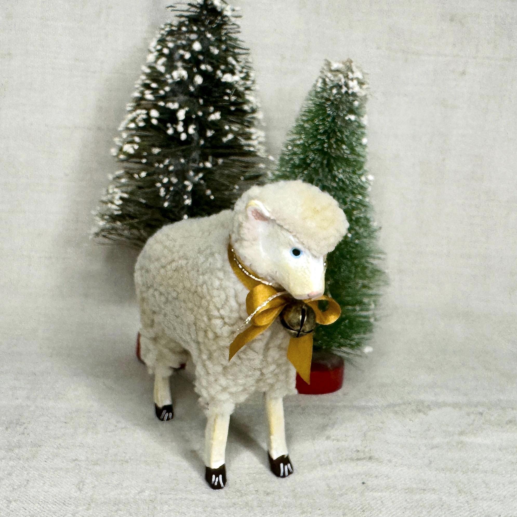 Handmade Sheep Lamb With Bell, Vintage Style Spring Decor, Putz