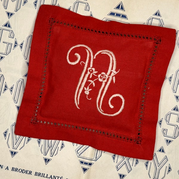 Vintage French Red Linen Fresh Lavender Sachet Detailed Hand Stitched Embroidered Monogram "N" Old Stock Never Used Christmas Birthday Gift