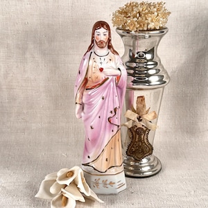 Vintage German Jesus Statue With Sacred Heart, Christian Catholic Religious Figurine, Hand-Painted Ceramic Bisque, Antique Religious Art